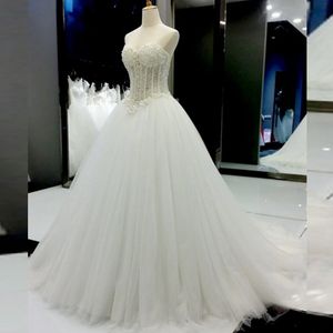 Impressionante a linha de vestido de noiva de luxo pérolas top mangas de tule saia de casamento vestidos de alta qualidade vestidos de noiva custom made