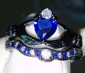 Hurtownie Darmowa Wysyłka Serce Biżuteria 925 Sterling Silver Black Gold Pated Blue Sapphire CZ Diamond Wedding Bridal Women Ring Rozmiar 5-11