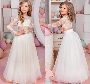 2016 Lovely Kids Pageant Dresses Sexy Sheer Lace Applique Jewel Neck Illusion Long Sleeve Two Pieces A Line Tulle Little Girl Prom Dress