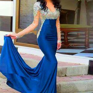 Muslim Arabian Navy Blue Prom Dresses Abendkleide Crystal Beaded Formal Evening Party Gowns Långärmad Mermaid Vestido de Formatura Vestido