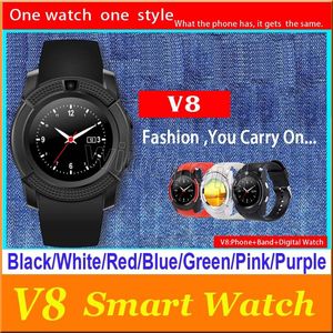 Günstigstes 50 Stück V8 Smart Watch Bluetooth Uhren Android 0,3 M Kamera MTK6261D Smartwatch für Android-Handy Micro Sim TF-Karte mit Kleinkasten