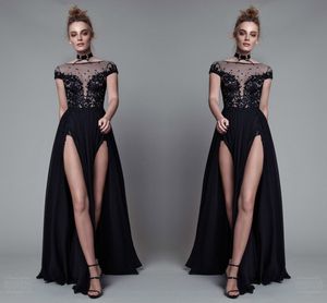 2017 Runway Fashion Sheer Neck Evening Dresses Lace Applique Cap Sleeve Prom Dresses High Split Chiffon A Line Formal Party Gowns