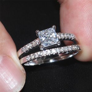 Fashion 10KT White Gold Filled Square CZ Simulated Diamond gemstone Rings sets Wedding Bride Band Jewelry sert for Women 2-in-1