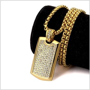 Titanium Steel Hipsters Punk Hip Hop Jewelry 24K Gold Plated Rhinestone Dog Tag Pendant Long Chain Necklace For Mens Women