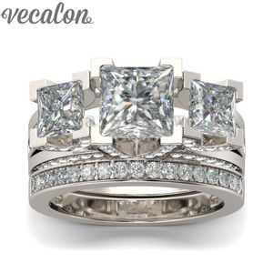 Vecalon مجوهرات خاتم الخطوبة الأميرة قطع ثلاثة الحجر محاكاة الماس تشيكوسلوفاكيا 925 فضة الزفاف الفرقة الدائري للنساء