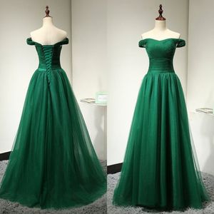 Real Image High Quality Cocktail Dress Evening Wear Dark Green Off the Shoulder Ruched Tulle Floor Length Prom Party Gowns Corset Back