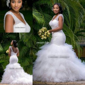 Vintage Plus Size Mermaid Wedding Dress Beading Sheer Deep V Neck Backless Corset Ruffles Tulle Garden Bridal Gown