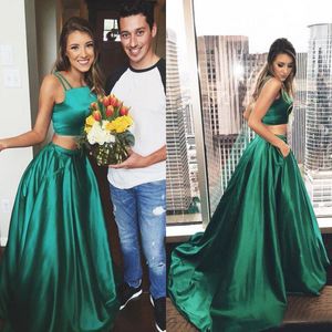 New Fashion 2016 Spaghetti Two Pieces Prom Dresses Cheap Sexy Hunter Elastic Silk Like Satin Pocket Long Formal Evening Party Gown EN100810