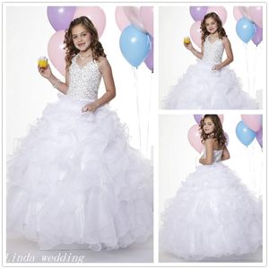 White Colour Girl's Pageant Dress Princess Ball Gown Organza Beaded Party Cupcake Prom Dress For Young Short Girl Pretty Dress Little Kid