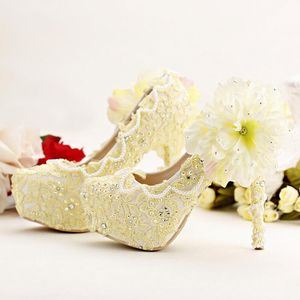 Pure Yellow Bride Shoes High Heels Platform Dress Shoes Lace Flower Rhinestone Wedding Shoes Bridal Pumps Stiletto High Heel