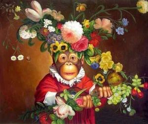 Ręcznie robiony obraz olejny sztuki na płótnie muzeum jakości wielokolorowa urocza małpa z pięknymi kwiatami