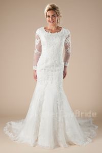 Długa Syrenka Koronki Skromne Suknie Ślubne Z Długim Rękawami Scoop Neck Corset Powrót Aplikacje Fit I Flare Suknie Bridal LDS Pełne rękawy