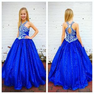 2021 Girls Pageant Dresses Royal Blue with Beaded Straps and Sexy Keyhole Back Sparkly Girls Birthday Gowns Sleeveless Custom Made