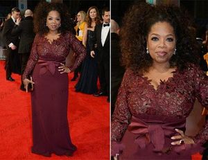 Oprah Winfrey New Designer Burgundy Sheath Mother of the Bride Dresses V-Neck Lace Long Sleeves Plus Size Mother of Groom Dresses273h