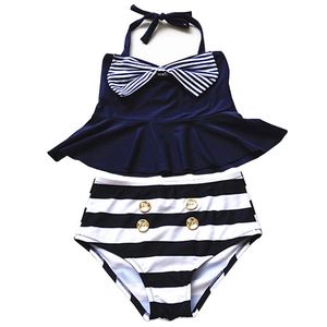 PrettyBaby 2016 Big Girls Skirt Bikini Two Piece Swimsuits Striped Sailor Shirt high waist bikini set Navy swimsuit kids on Sale