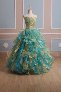 2021 Новый элегантный золотой синий мульти Quinceanera платья бальные платья с оборками органзы Бисероплетение сладкие 15 платьев Prom Party Quinceanera