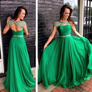 Emerald Green Long Sexig Beaded Klänning Lång Formell Prom Kväll Party Gowns Illusion Crew Neck Beaded Cut Out Open Back Sexig Design