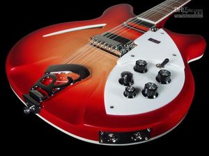 Custom Ric Fire Glo Cherry Sunburst 360 12 Strängar Elektrisk gitarr Semi Hollow Body Triangle Mor av Pearloid Fingerboard Inlägg