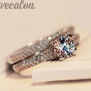 Vecalon 2016 fashion ring wedding band ring set for women 1ct Cz diamond ring 925 Sterling Silver Female Engagement Finger ring