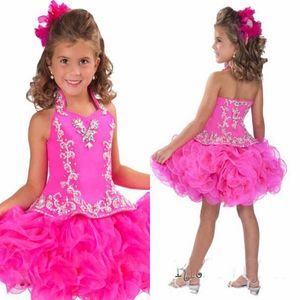 Glitz Halter Organza Girl S Pageant With Flowers Princess Backless Short Mini Crystal Ball Gowns Cup Cake Kid Dresses RGB