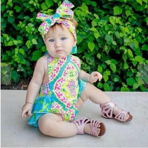 新しい夏の赤ちゃんの女の子の服の花のジャンプスーツのヘッドバンドの赤ちゃんの服ベビーレースアップボディスーツ幼児の女の子ロンパ子供服0-2歳