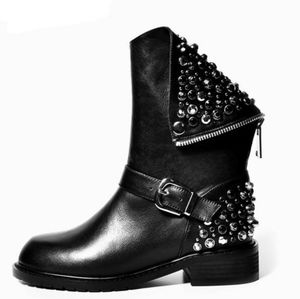 High quality PU + genuine leather boots rivets square heels autumn winter ankle boots sexy fur snow boots shoes woman