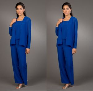 2016 Modest Azul Royal Calças Ternos para a Mãe Da Noiva Sexy Bateau Pescoço Casaco de Manga Longa Plus Size Chiffon Mãe do Vestido de Noiva