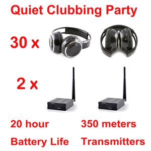 500 m Silent Disco Komplettsystem schwarz faltbare kabellose Kopfhörer – Quiet Clubbing Party Bundle mit 30 faltbaren Empfängern und 2 Sendern