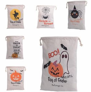 Halloween Cotton Canvas Sack Barn Favorit Candy Cloth Gift Bag Pumpkin Spider Treat eller Trick Drawstring Bags Party Cosplay