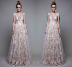 Deep V Neck Tulle Covered Champagne Lace Prom Klänningar 2017 En Linje Ärmlös Aftonklänningar Baklösa Special Occasion Pageant Klänningar