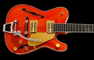 Hybird TeleGretscher Paul Waller Orange Red Jazz Tele Electric Guitar Semi Hollow Body, Double F Holes, Bigs Tremolo Bridge, Gold Sparle Pickguard