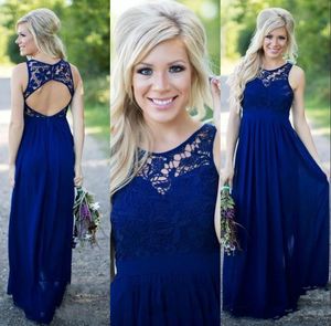 Piękny Royal Blue Country Druhna Dresses Długie Koronkowe Neck Prom Dresses Petite Szyfonowa Suknia Wieczorowa Otwarta Junior Maid of Honor