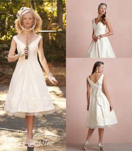 Unikalna Vintage Długość Herbaty Suknie Ślubne Wdzięczna linia V Neck Recepcja Suknia ślubna Bridal Party Suknie