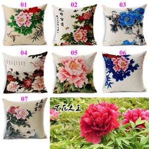 180g Vintage Flower Pillow Case Hem Soffa Kudde Skal Handmålade Vacker Peony Car Chair Pillowcases Linen Bomull Blandning 20st