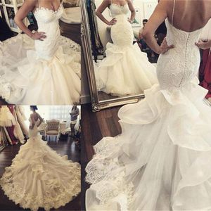 2017 Spaghetti Lace Mermaid Wedding Dresses With Organza Ruched Long Train Back Covered Buttons Bridal Gowns Custom Made Wedding Dresses