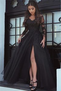Elegant Black Long Sleeve Evening Gown Sexy Split Floor Length Long Formal Prom Dresses Modest Chiffon Lace Evening Dresses Cheap Party Gown