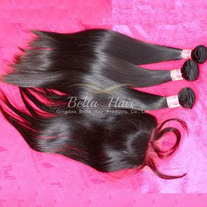 Mänskligt hår Malaysisk Silk Base Closure (4x4) med mänskligt hår buntar förlängningar silkeslen rak naturlig färg 4pc / parti 10-34 gratis frakt