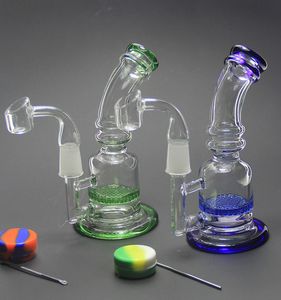 Bong! New two function glass bong honeycomb perc glass water pipe blue green color with banger nail wax oil container and dabber Nail
