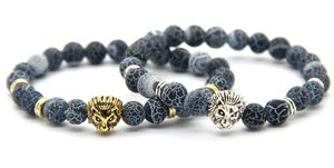 2016 Ny design Smycken Partihandel Antik SilverRGold Plated Lion Head med 8mm Weathering Agate Stone Mäns Charm Armband