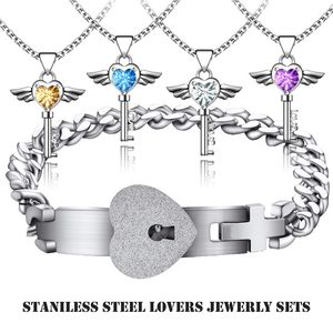 Stainless Steel Lovers Engagement Joyas Heart Lock Bracelet Love Key Shiny Rhinestone Pendant Necklace Couples Jewelry Set Wedding Gifts