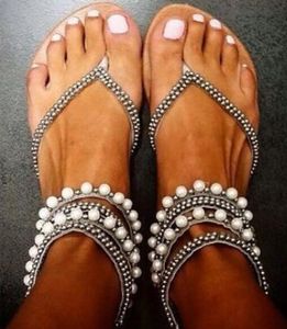 2017 damer platta klackar sandaler kändis skor gladiator sandaler sommar beading glida sandaler romersk stil kristall lägenheter