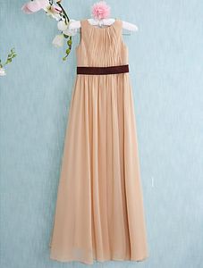 Custom Made Champagne Long Junior Bridesmaid Dresses Jewel A Line Pleated Waist With Sashes Cheap Formal Party Prom Gown