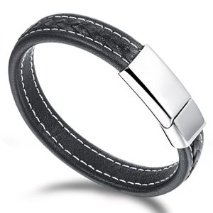 Helt nytt svart äkta läder 12mm silverton Rostfritt stål Vogue Mens Smycken Bangle Armband Magnetisk Snap