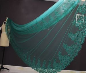 Real Pos 3 Meters One Layer Sequined Lace Edge Green Wedding Veil with Comb Beautiful Bridal Veil NV71002335