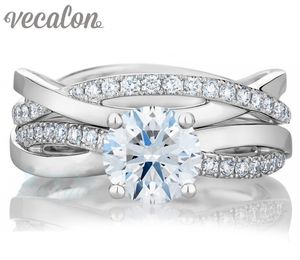 Vecalon 2016 moda Fede nuziale di fidanzamento Set per le donne 1ct Diamante simulato Cz 925 Sterling Silver Anello a fascia femminile R200
