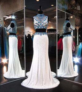 Ivory Two Piece Lace Prom Dresses High Neck Bling Turquoise Crystal Beaded Sweep Train Formal Evening Gowns New Arrival Fashion