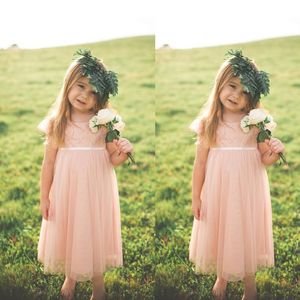 Country Style 2017 Blush Pink Lace And Chiffon Toddler Flower Girls Dresses For Weddings Cheap Short Sleeve Tea Length Formal Gowns EN6148