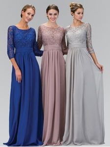 Longa linha de prata prata cinza modesto vestidos de dama de honra com 3/4 mangas chiffon rendas formais chão comprimento casamento festa de casamento empregadas de honra