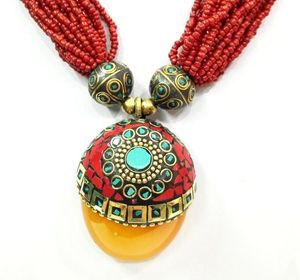 18'' Ethnic Red Bead Multilayer Necklace Pendant Tibetan Silver Amber oyzz-0013