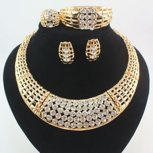 Jewellery Full Set großhandel-Frauen Afrikanischer Schmuck Set K Gold Überzogene Voller Strass Halskette Ohrring Armband Ringe Hochzeit Schmuck